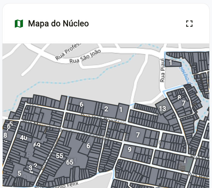 Mapa de núcleo urbano com lotes e vias identificados para regularização fundiária